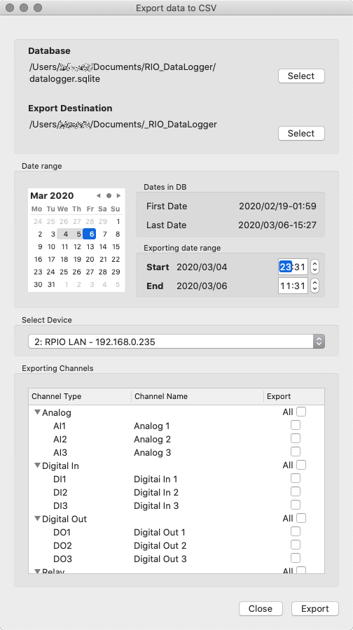RIO DLUtility, Export to CSV window
